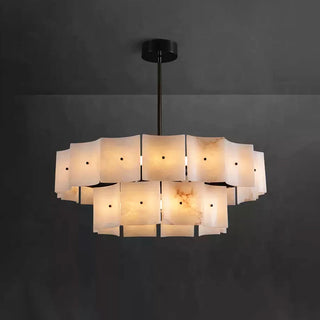 Tegola Two-Tier Alabaster Chandelier Vidirlighting Macro Detail of Hand-Polished Curved Alabaster Tiles and Metal Mounting Studs