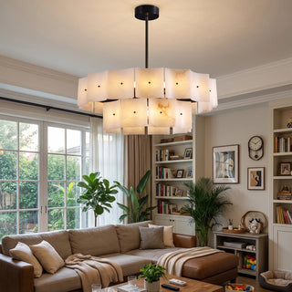 Tegola Two-Tier Alabaster Chandelier Vidirlighting Modern Linear Two-Tier Alabaster Tile Chandelier above Rustic Dining Table by Tall Windows