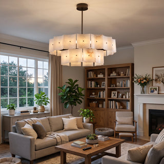 Tegola Two-Tier Alabaster Chandelier Vidirlighting Round Two-Tier Spanish Alabaster Tile Drum Chandelier in Bright Living Room by Garden Doors