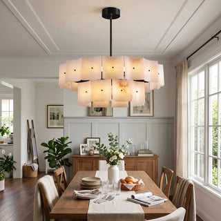 Tegola Two-Tier Alabaster Chandelier Vidirlighting Linear Double-Tier Curved Alabaster Tile Chandelier Illuminating Oak Dining Table