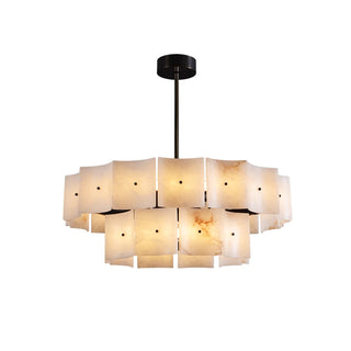 Tegola Two-Tier Alabaster Chandelier Vidirlighting eCommerce Catalog Display View of Lit Round Alabaster Drum Chandelier Isolated on White