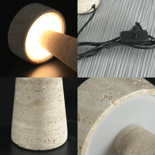 Travertine Kiwa Conical Table Lamp Vidirlighting Lit on Wooden Side Table beside White Drapes and Reading Magazines Creating Warm Living Room Atmosphere