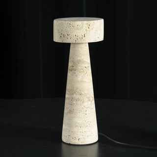 Travertine Kiwa Conical Table Lamp Vidirlighting Daylight Unlit Placement on Round Wooden Side Table as Organic Minimalist Home Decor Art Piece