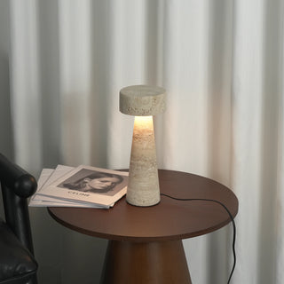 Travertine Kiwa Conical Table Lamp Vidirlighting 4-in-1 Macro Craftsmanship Collage Showing Natural Porous Stone Texture Underside Light and Power Switch