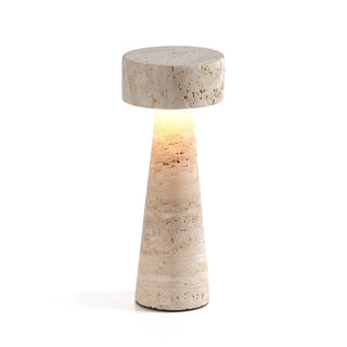 Travertine Kiwa Conical Table Lamp Vidirlighting eCommerce Catalog Display of Sculptural Wabi-Sabi Natural Stone Bedside Lamp Isolated on Pure White Background