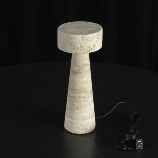 Travertine Kiwa Conical Table Lamp Vidirlighting High-Angle Top-Down Perspective Displaying Smooth Round Flat Stone Cap and Tapered Conical Column