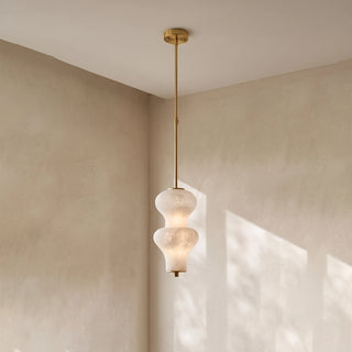 Trottola Alabaster Stacked Pendant Light Vidirlighting 2-Tier Compact Brushed Brass Stacked Natural Alabaster Pendant Illuminated in Studio Corner