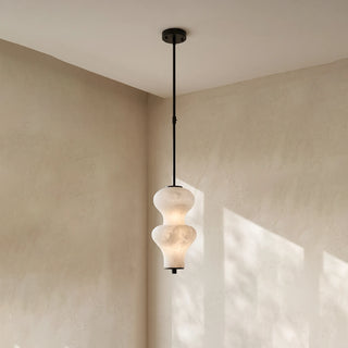 Trottola Alabaster Stacked Pendant Light Vidirlighting 2-Tier Matte Black Stem Stacked White Alabaster Stone Mini Pendant Illuminated in Corner