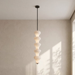 Trottola Alabaster Stacked Pendant Light Vidirlighting 5-Tier Tall Architectural Matte Black Stacked Alabaster Pendant Light Glowing Softly