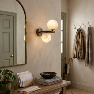 Two Globe Alabaster Spherical Wall Sconce
