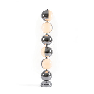 Vloer Floor Lamp Vidirlighting eCommerce Catalog Display View of Retro-Futuristic Chrome Sphere Standing Light with Warm Lit Diffusers Isolated on White