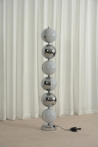 Vloer Floor Lamp Vidirlighting Modern Space Age 6-Globe Stacked Totem Floor Lamp in Glossy White Lacquer Unlit Full Standing View against White Drapes